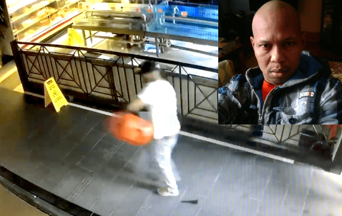 Video footage shows a man, identified as Andrew Chung (inset), pouring gasoline inside of Islander Seafood in Elmhurst on April 4.