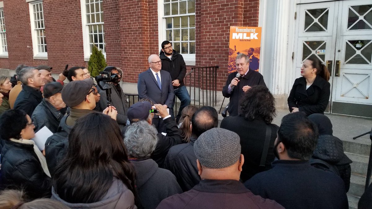 City Councilman Daniel Dromm speaks during a vigil in Jackson Heights on April 4 marking 50 years since Dr. Martin Luther King Jr. was assassinated. Congressman Joe Crowley and event organizer Catalina Cruz are among those looking on.