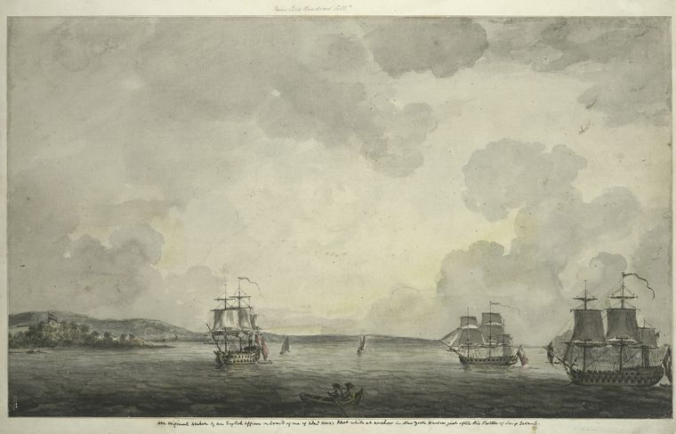 This painting by Thomas Davies depicts the British fleet following the Battle of Long Island. (photo via Wikimedia Commons) 