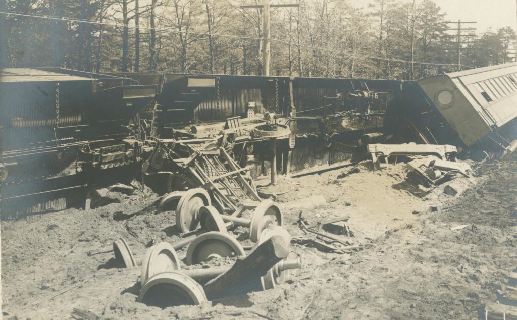 Though Camp Upton ran relatively smoothly, it was not without tragedy. Three were killed and several others were injured when a Long Island Rail Road train loaded with troops heading for Manhattan crashed near Central Islip in April 1918. (Courtesy of the Queens Borough Public Library, Archives, William J. Rugen Collection) 