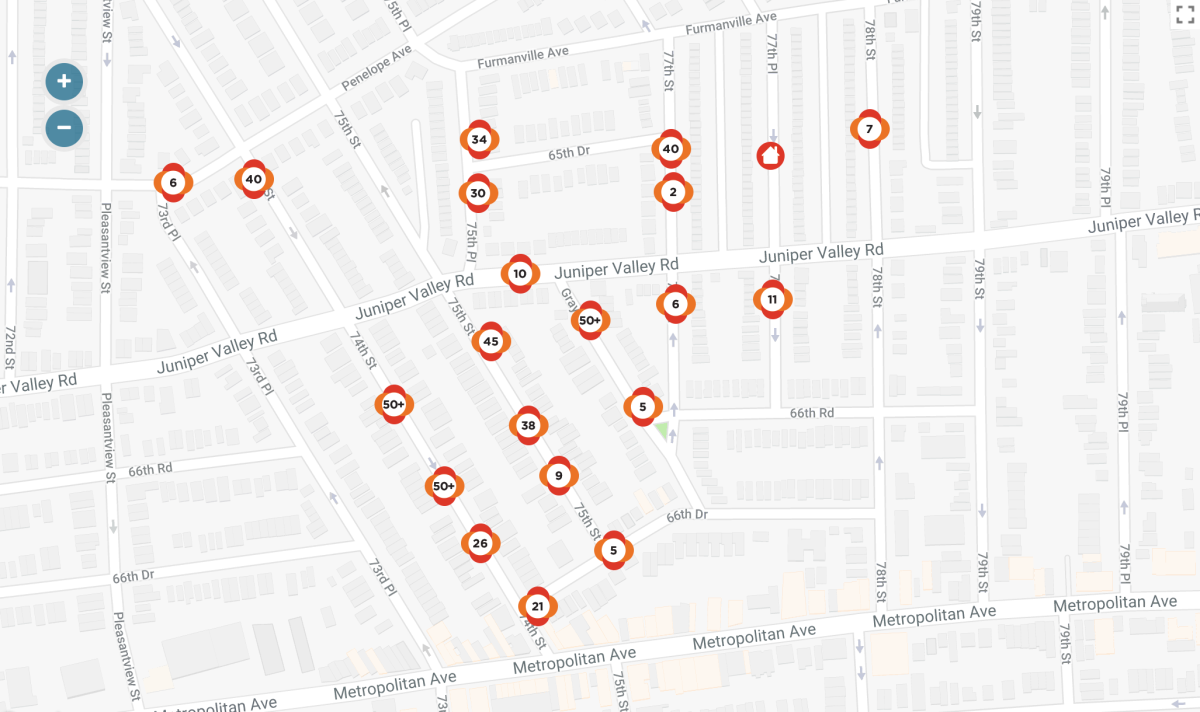 This map shows the areas of Middle Village affected by a power outage on May 25.