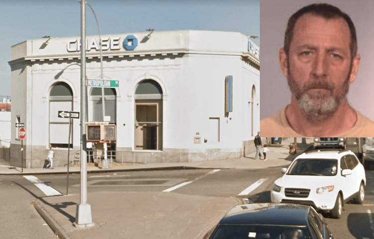 John Grant (inset) is wanted for the June 8 attempted bank robbery at this Chase bank on the Ridgewood/Maspeth border.