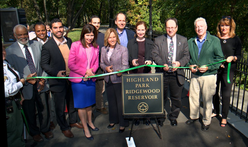 Local elected officials held a ribbon cutting in October 2013 marking the completion of renovations to the exterior of the Ridgewood Reservoir (Ridgewood Times archives)