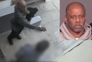 Cops say that George Powell (inset) is the man who assaulted a senior citizen on a Jackson Heights stoop back in May.