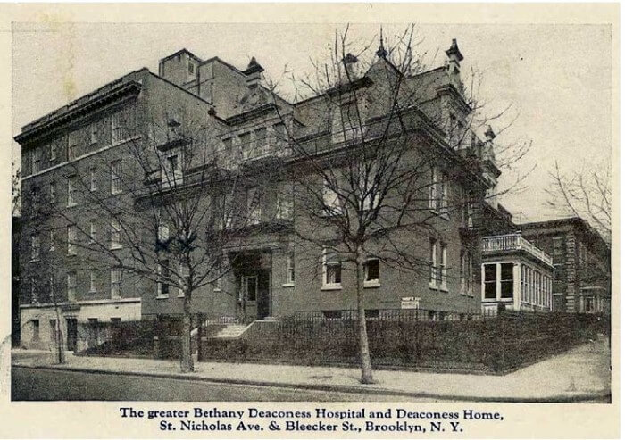 A postcard of Bethany Deaconess Hospital (photo via Brownstoner)