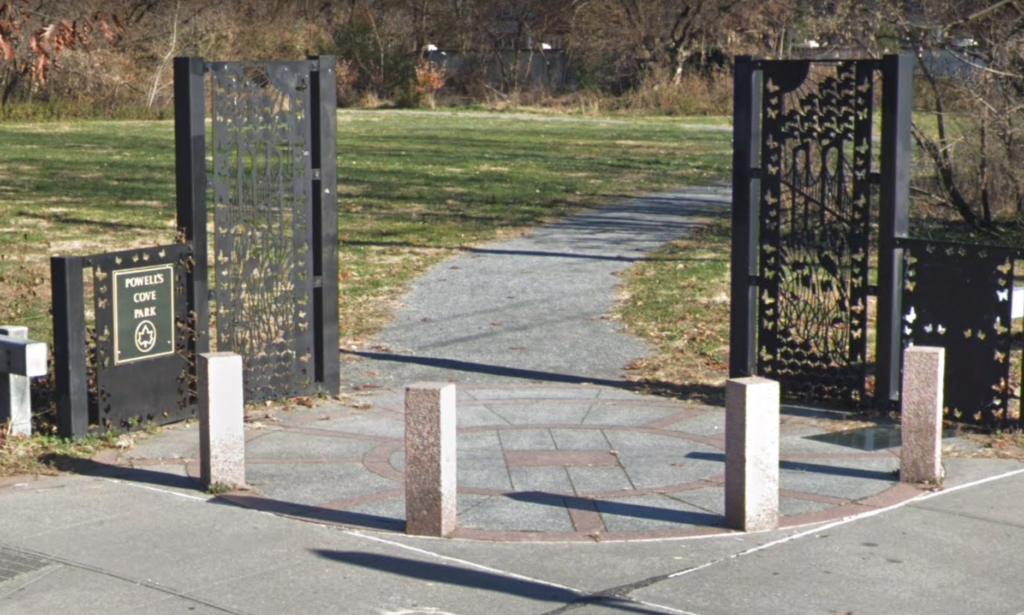 The main gate into Powells Cove Park on 130th Street in College Point