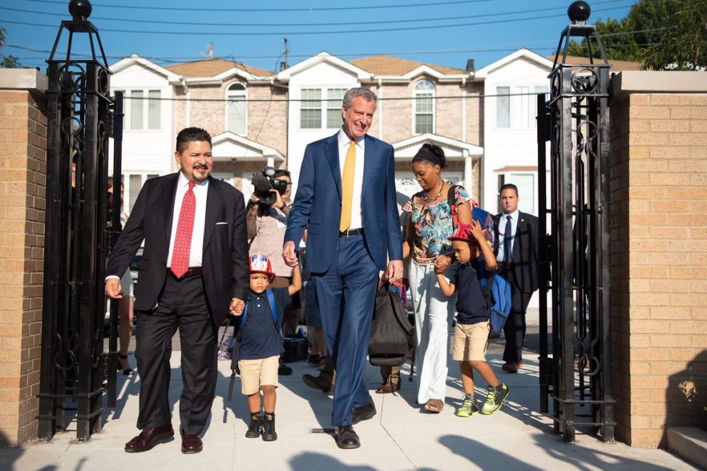 Mayor de Blasio and Schools Chancellor Richard Carranza lead students into P.S. 377 on the first day of the new school year.