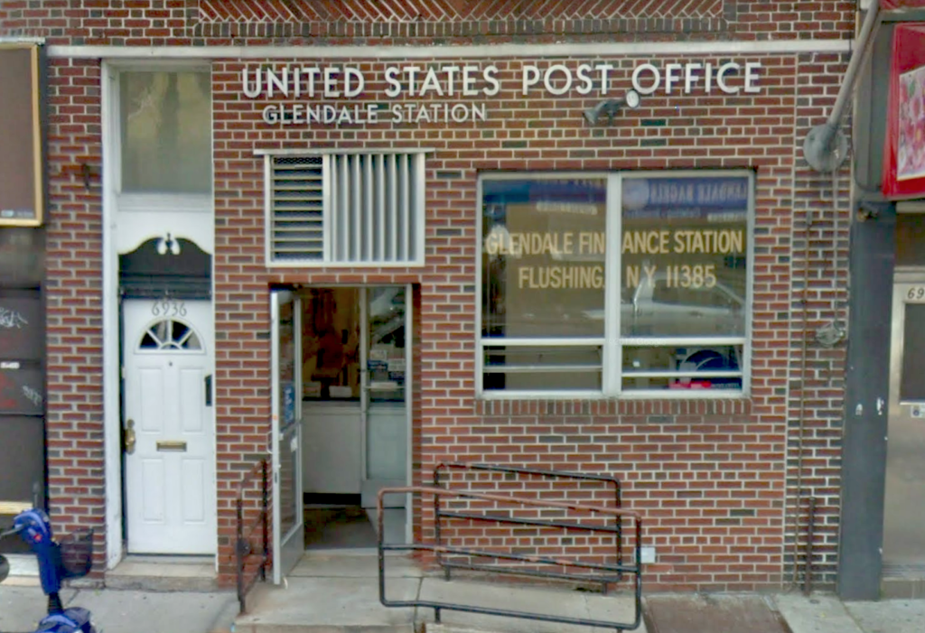 The Glendale station of the United States Postal Service on Myrtle Avenue in Glendale, NY, 11385