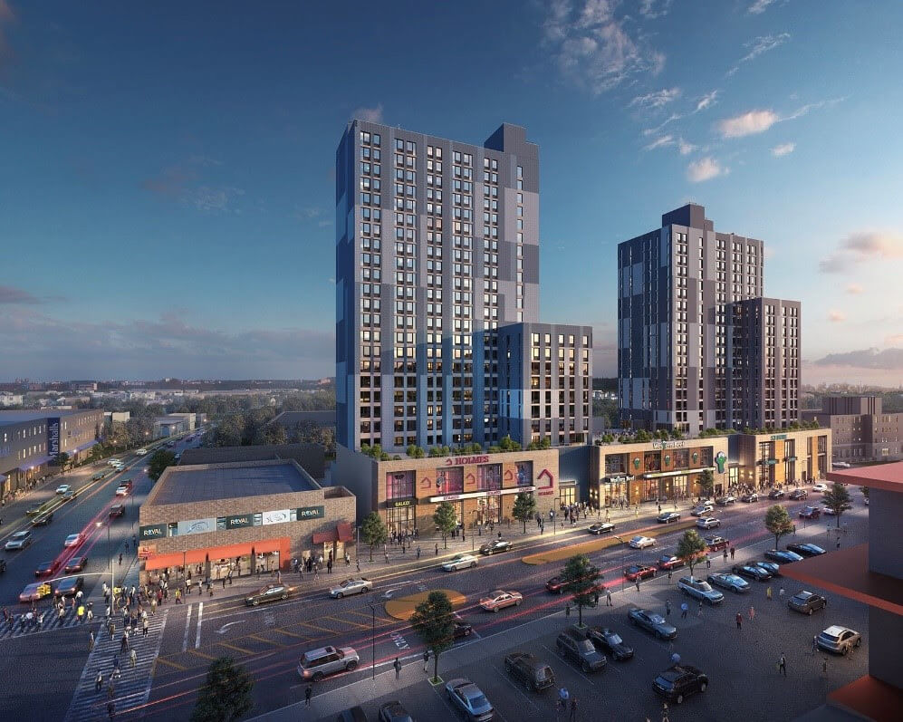 A rendering of the Archer Green Apartments that will rise on the site of a former NYPD parking garage in Jamaica.
