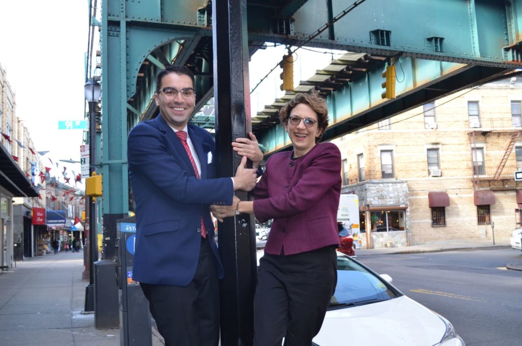 Councilman Eric Ulrich and city Transportation Commissioner Polly Trottenberg celebrate the new streetlamps on Jamaica Avenue in Woodhaven.