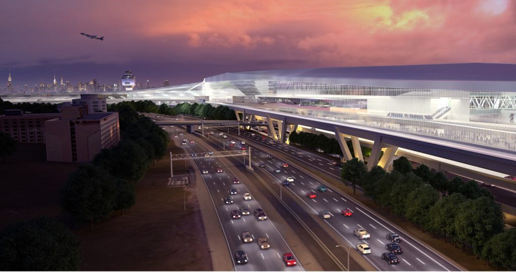 A rendering of the proposed LaGuardia AirTrain above the Grand Central Parkway