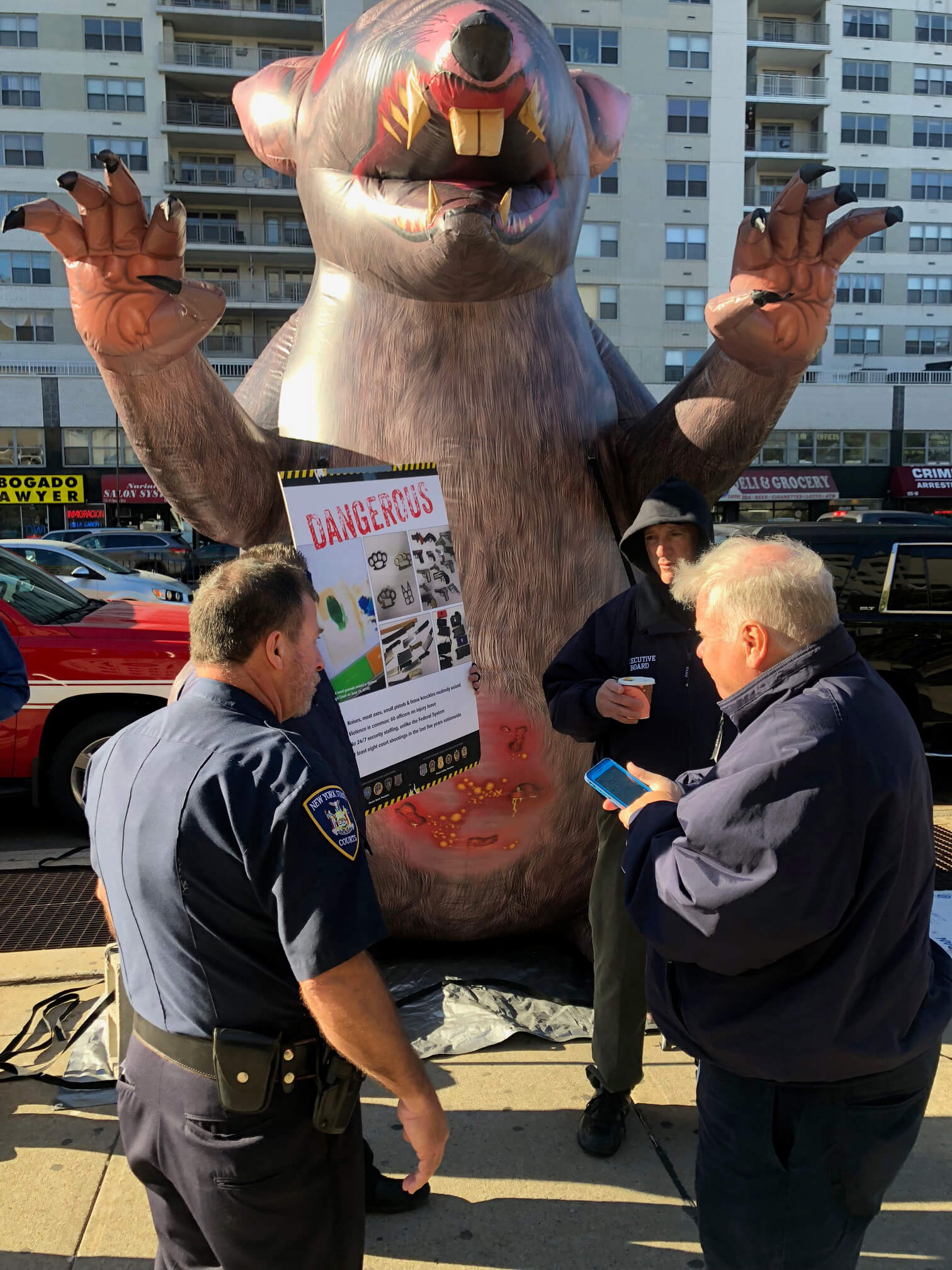 Court officers rally around an inflatable known as “Scabby the Rat” outside the Kew Gardens State Supreme Court House as they warn to public that understaffing in their ranks is causing a dangerous situation inside courtrooms.