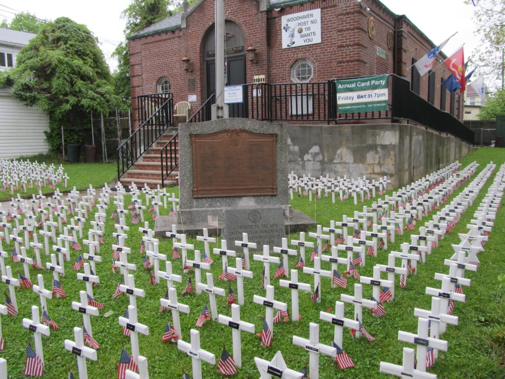 Memorial crosses outside American Legion Post 118 in Woodhaven on Memorial Day.