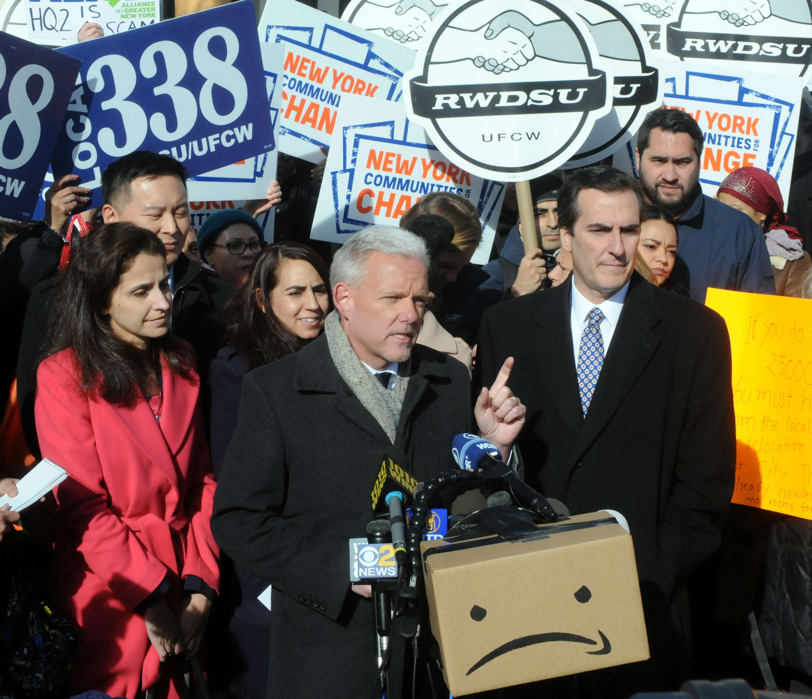 City Councilman Jimmy Van Bramer and state Senator Michael Gianaris speak at a Nov. 14 rally against the Amazon second headquarters project in Long Island City.