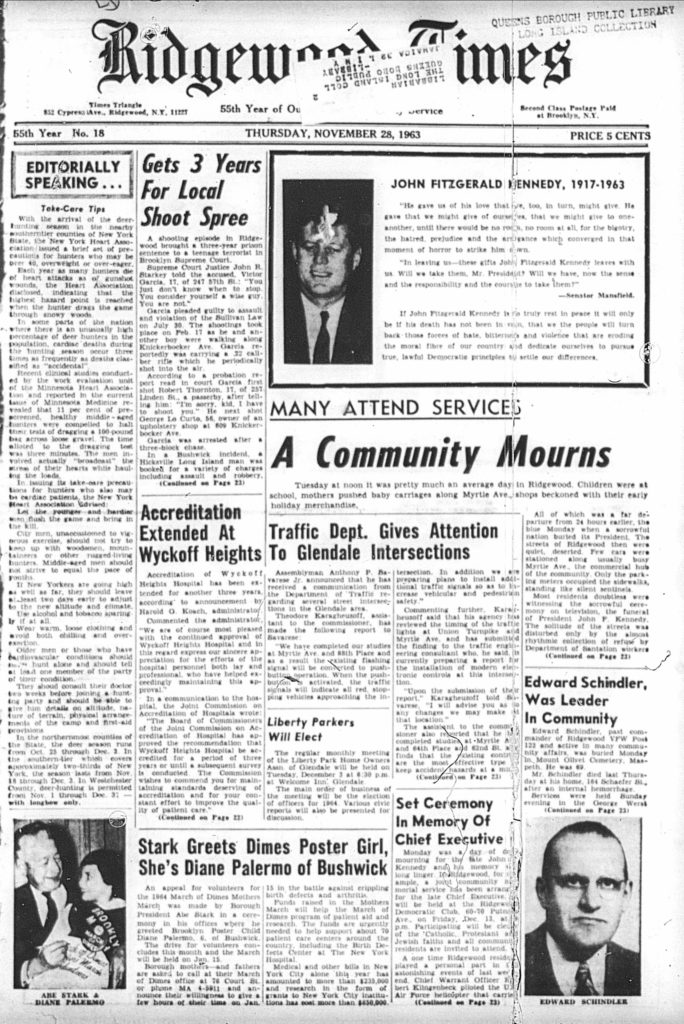 The front page of the Nov. 28, 1963 Ridgewood Times; we apologize for the microfilm imperfections.