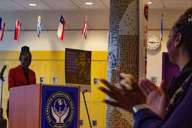 First lady Chirlane McCray unveils the "There is Help All Around You" campaign. The citywide effort to bring awareness to teens about mental health services in schools launched at the Pan American High School in Elmhurst, Queens, on Nov. 20, 2018.