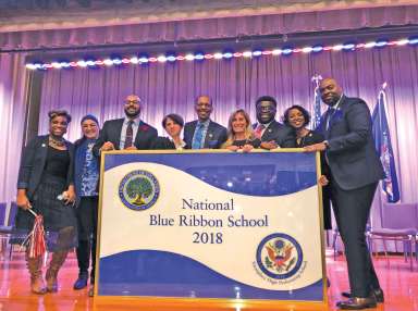 Members of the M.S. 216 school community celebrated their National Blue Ribbon designation on Nov. 19.