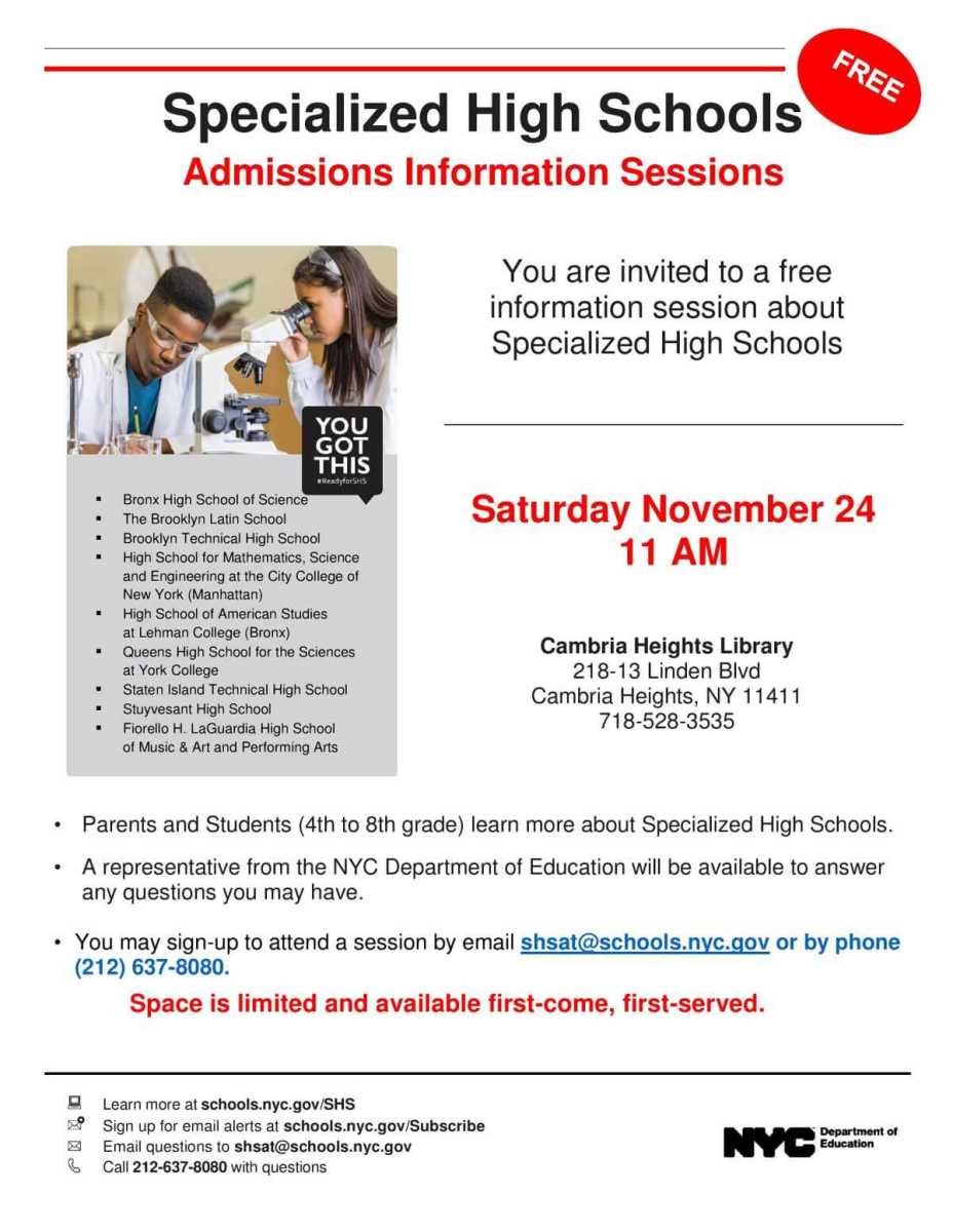 Queens Library offers free specialized high school information session in Cambria Heights