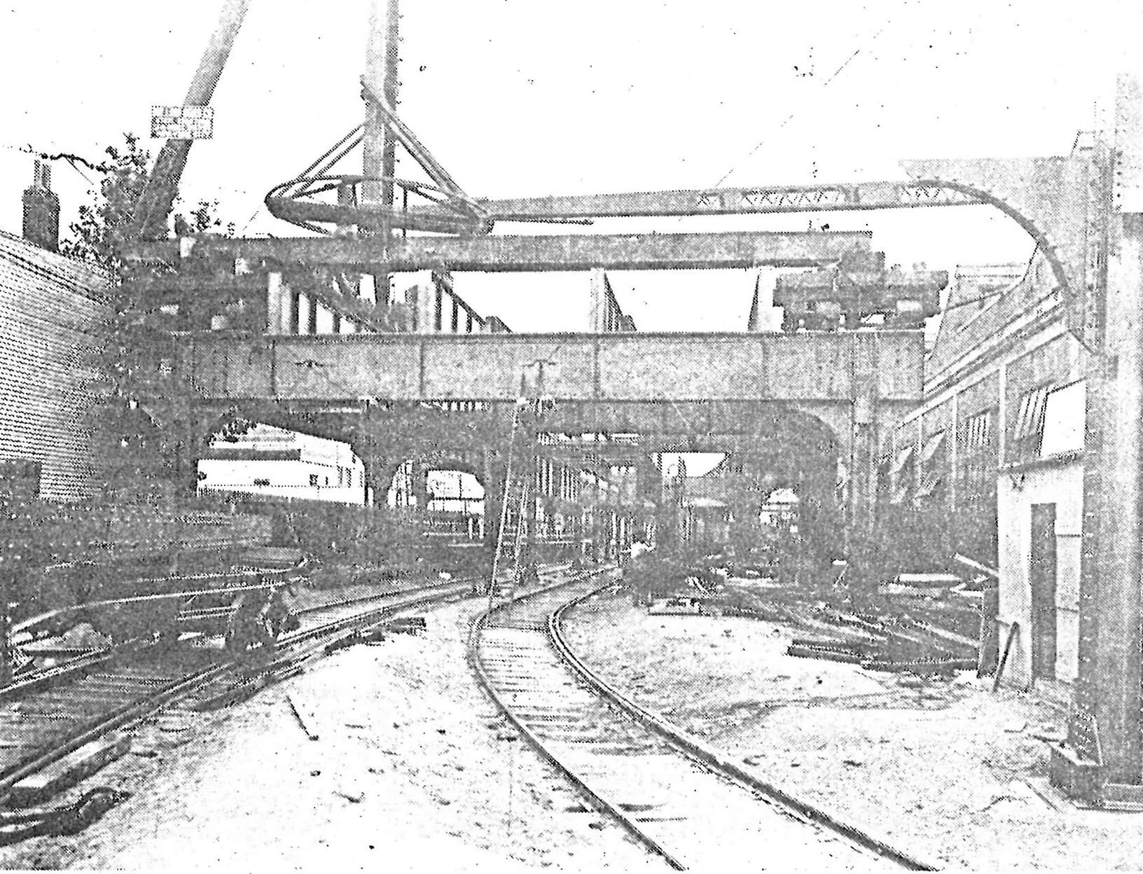 This photo taken in October 1914 shows the Myrtle Avenue Line being erected in Ridgewood