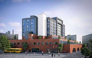 A rendering of the entrance to Our World Charter School's new Long Island City campus.