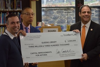 Queens Library President & CEO Dennis Walcott and Branch Manager Gus Tsekenis joined Councilman Costa Constantinides in announcing the Astsoria Branch on Hallets Cove Penninsula's full renovation.