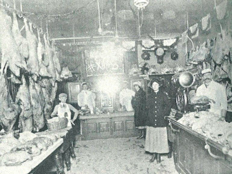 Christmas time at a Ridgewood butcher shop, as shown in this 1913 photo
