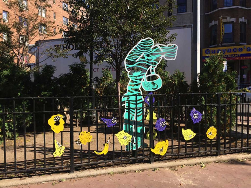 QCA ArtSite awardee Yvonne Shortt installed sculptures at Dunningham Triangle in Elmhurst.