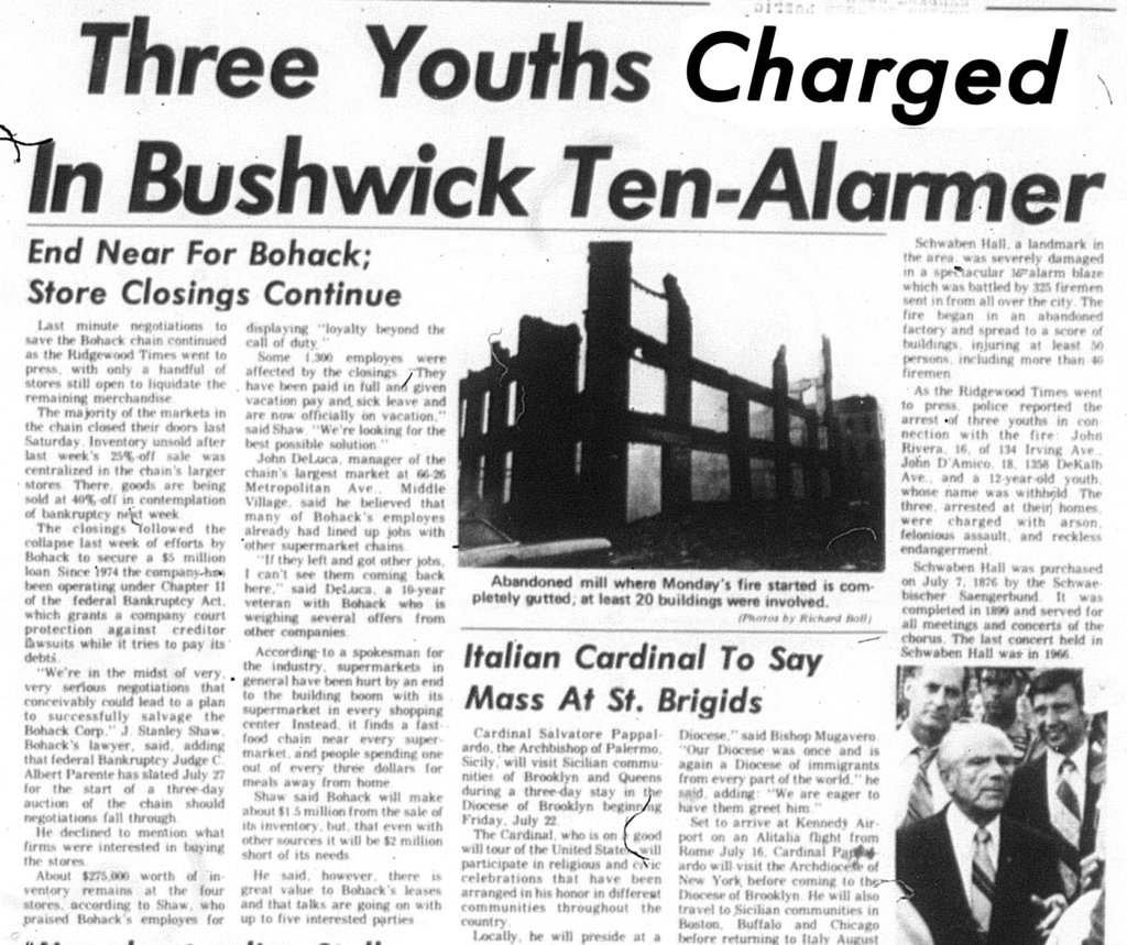 The July 21, 1977, Ridgewood Times front page (the word "Charged" was reproduced for this version, as part of the word was cut off on the microfilm copy)