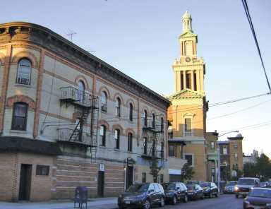 The spire of St. Matthias Church in Ridgewood, looking east along Catalpa Avenue, is one of the neighborhood's most recognizable structures.