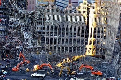 Workers clear debris at the World Trade Center site in the weeks after the Sept. 11, 2001, terrorist attacks that brought the towers down.