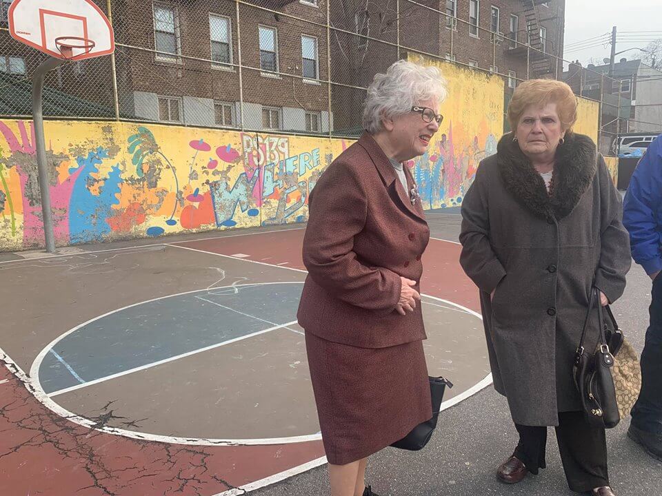 Councilwoman Karen Koslowitz and state Senator Toby Ann Stavisky saw the anti-Semitic graffiti at P.S. 139 in Rego Park on Feb. 22.