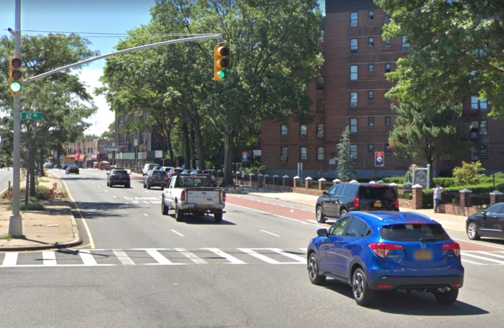 The southbound lanes of Woodhaven Boulevard at 62nd Road on the Middle Village/Rego Park border.