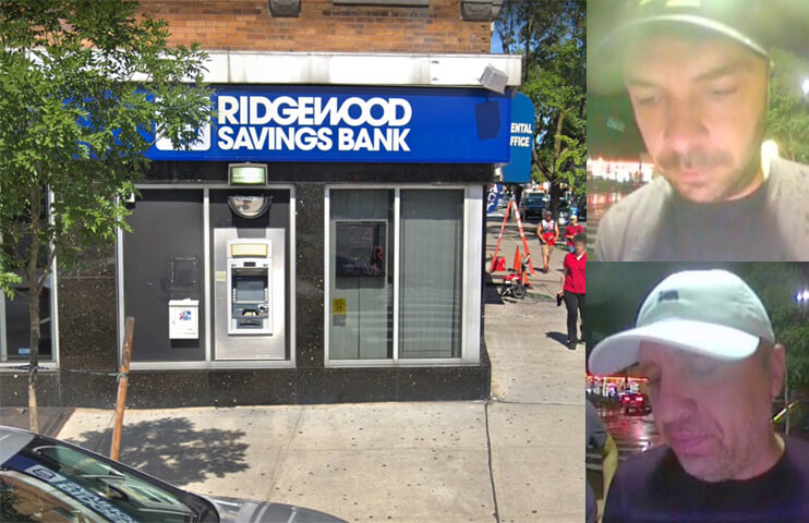 The two suspects who planted a card skimmer onto the ATM outside the Ridgewood Savings Bank at 65-02 Myrtle Ave. in Glendale.