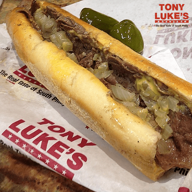 A cheesesteak sandwich (with onions) from Tony Luke's, a Philadelphia chain expanding to New York City.