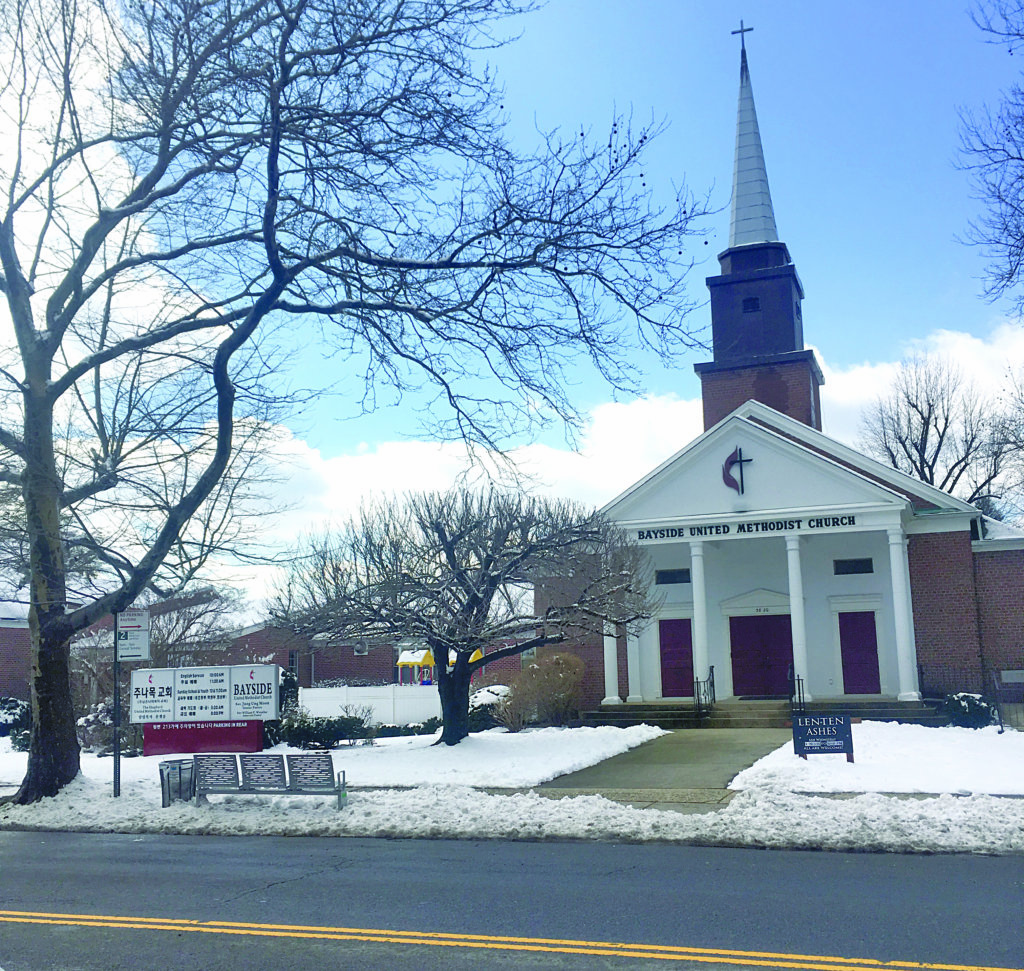 Snow covering the front of the Bayside United Methodist Church in Bayside, which received the most snow in Queens during the March 3-4 storm.