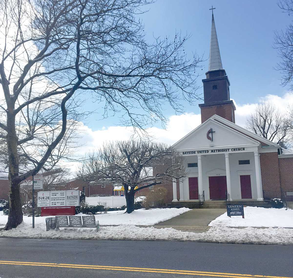 Snow covering the front of the Bayside United Methodist Church in Bayside, which received the most snow in Queens during the March 3-4 storm.