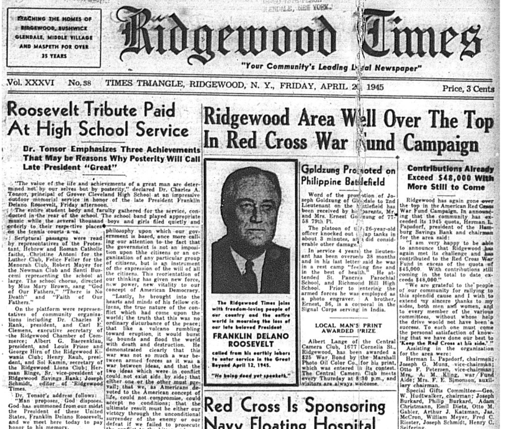 The front page of the April 20, 1945 Ridgewood Times
