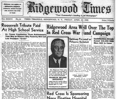 The front page of the April 20, 1945 Ridgewood Times