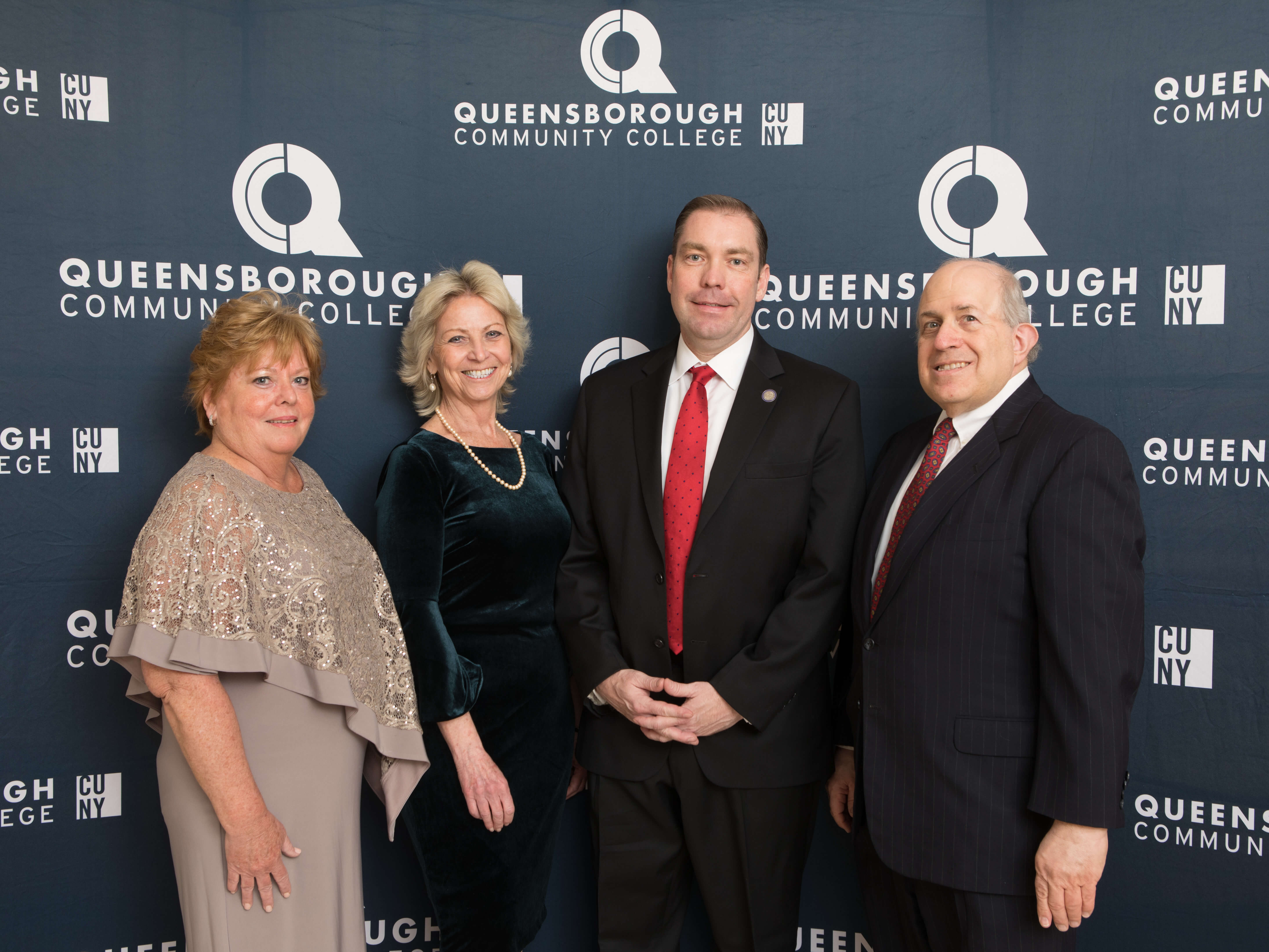 Patricia Tiffany, Gala Chair; Rosemary Sullivan Zins, Vice President, Institutional Advancement; Timothy G. Lynch, Ph.D., Interim President of Queensborough Community College; and Mark Kupferberg, Chair, QCC Fund