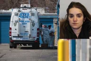Crime Scene Unit detectives outside the Staten Island storage facility where the charred remains of Jeanine Cammarata (inset) were found on April 4.