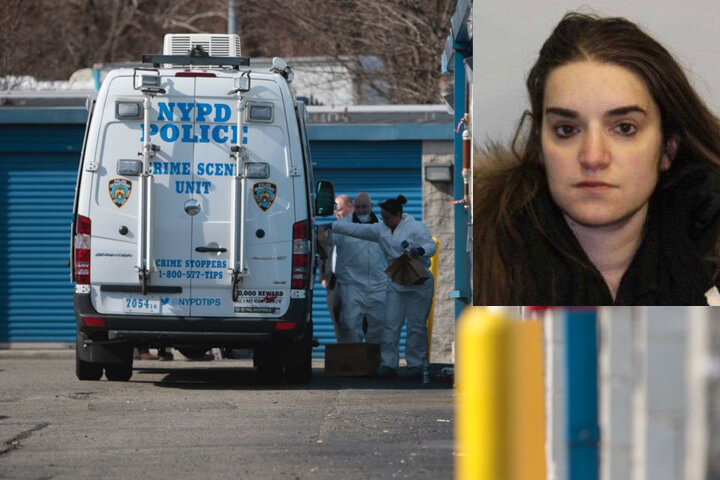 Crime Scene Unit detectives outside the Staten Island storage facility where the charred remains of Jeanine Cammarata (inset) were found on April 4.