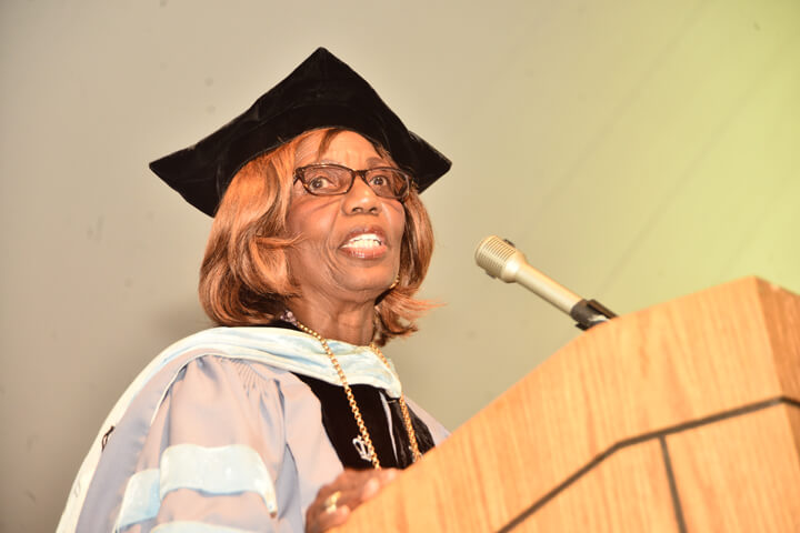 York College President Marcia Keizs addresses the graduating class of 2019 at York College on May 31.