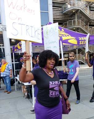 Sabrina Ladson, member 32BJ through Summit Security supports un-unionized workers employed by Eulen working as baggage and wheelchair handlers through a Eulen/American Airlines contract. Workers are seeking better conditions including sick day issues, uniform clothing cleaning and worker considerations.