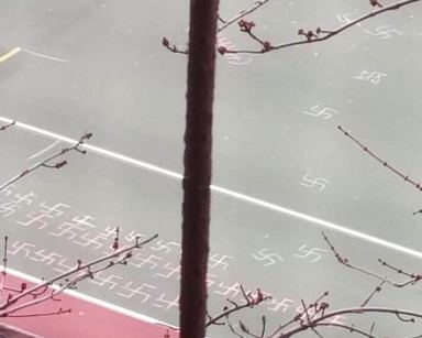 Swastikas found scrawled onto a playground at a Rego Park school in February.