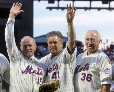 Tom Seaver (center) cheered the crowd at Citi Field during a 40th anniversary celebration of the 1969 Mets back in 2009. He's flanked by fellow Miracle Mets Jerry Grote and Jerry Koosman.