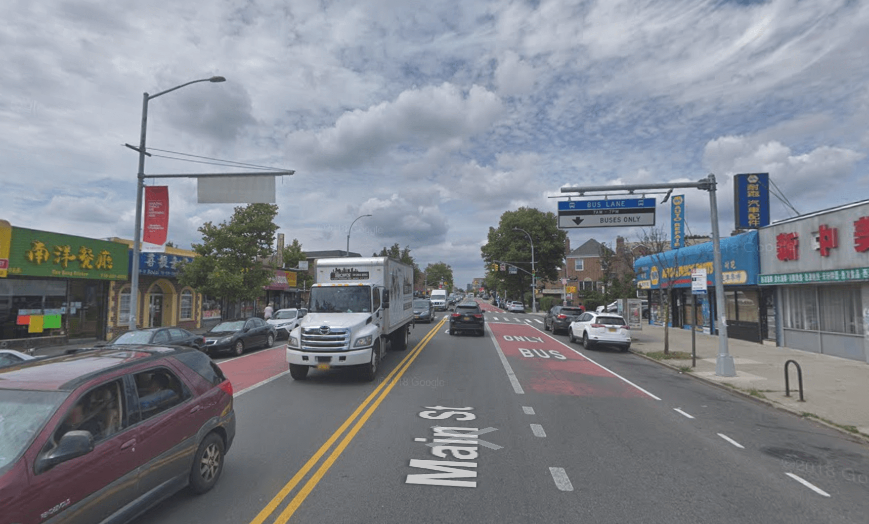 The block of Main Street between 59th and 60th avenues in Flushing where a man was fatally struck by a car on June 22.