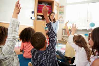 Elementary school kids raising hands to teacher, back view