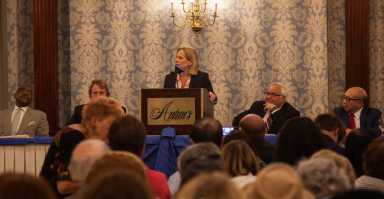 Queens Borough President Melinda Katz, surrounded by County Party leaders, addressed the Democratic judicial convention Aug. 8 before it nominated Supreme Court Justices.