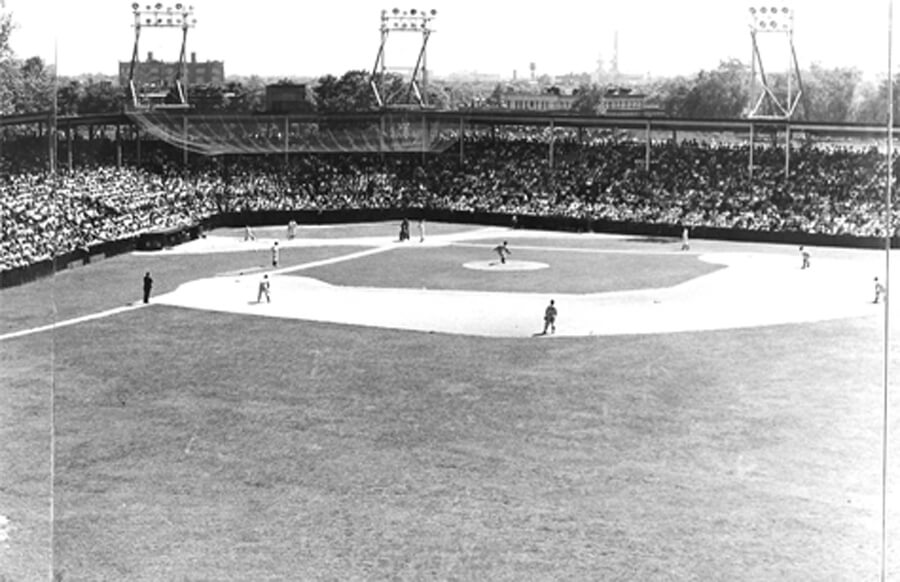 Dexter Park in Woodhaven, as shown in the early 1930s. The ballpark had a seating capacity of 15,400. Note the light towers for night games, which provided the first focused lighting system for baseball.