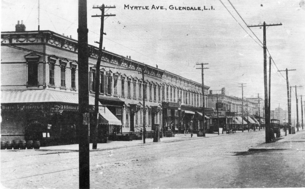 This 1912 postcard shows Myrtle Avenue looking eastward from the corner of present-day 69th Street in Glendale. One block away, on the north side of the street, was where Brockmann’s Hanover House Hotel once stood.